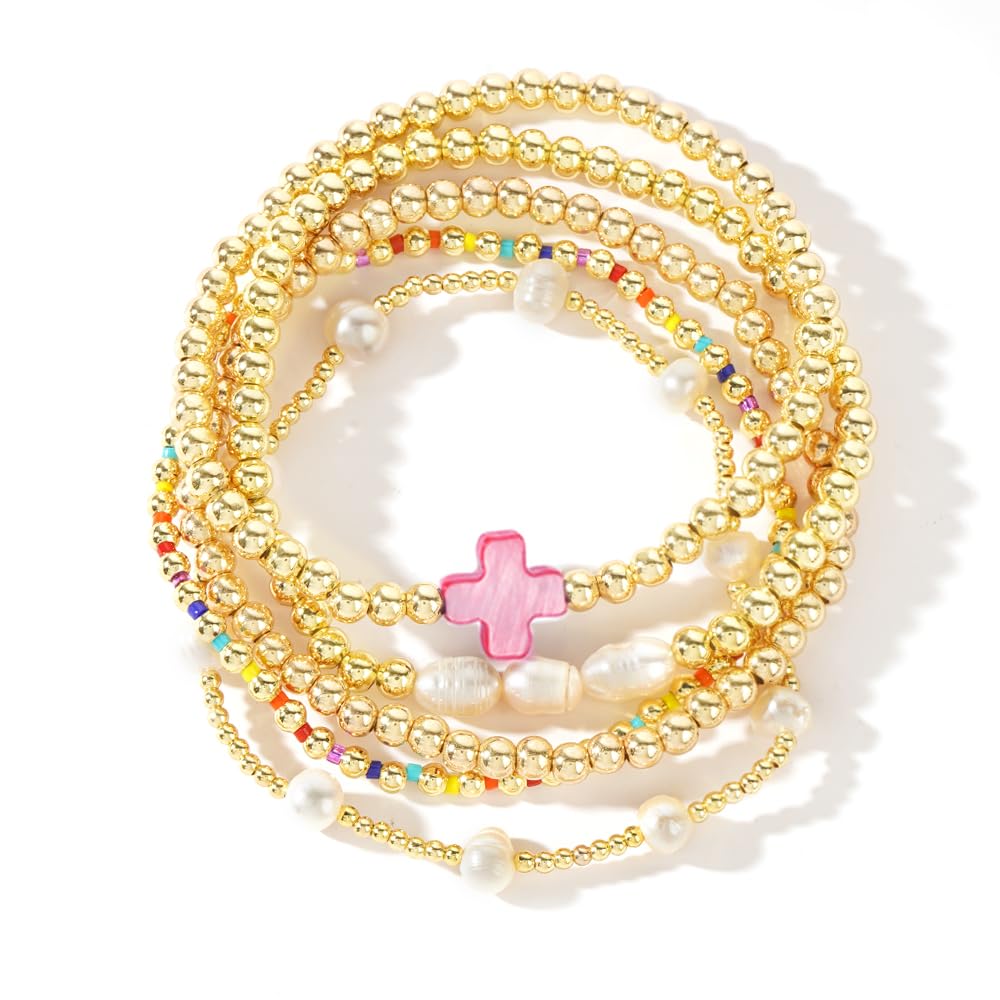 SHINUS BOHO 14K Gold Pearl Beaded Cross Bracelets Stack Set for Women,Stretch Pink Beads Ball Jewelry Friendship Summer Vacation Outfit Trendy Stocking Stuff Gift