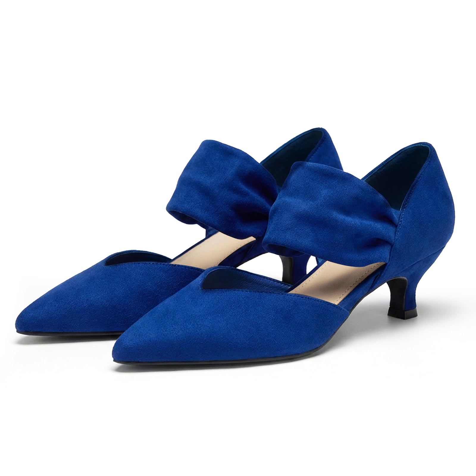 GotSoft Womens Low Kitten Heels Pointed Toe Slip on Pumps Ankle Strap Elegant Party Wedding Dress Shoes, Suede Blue, Size 8.5