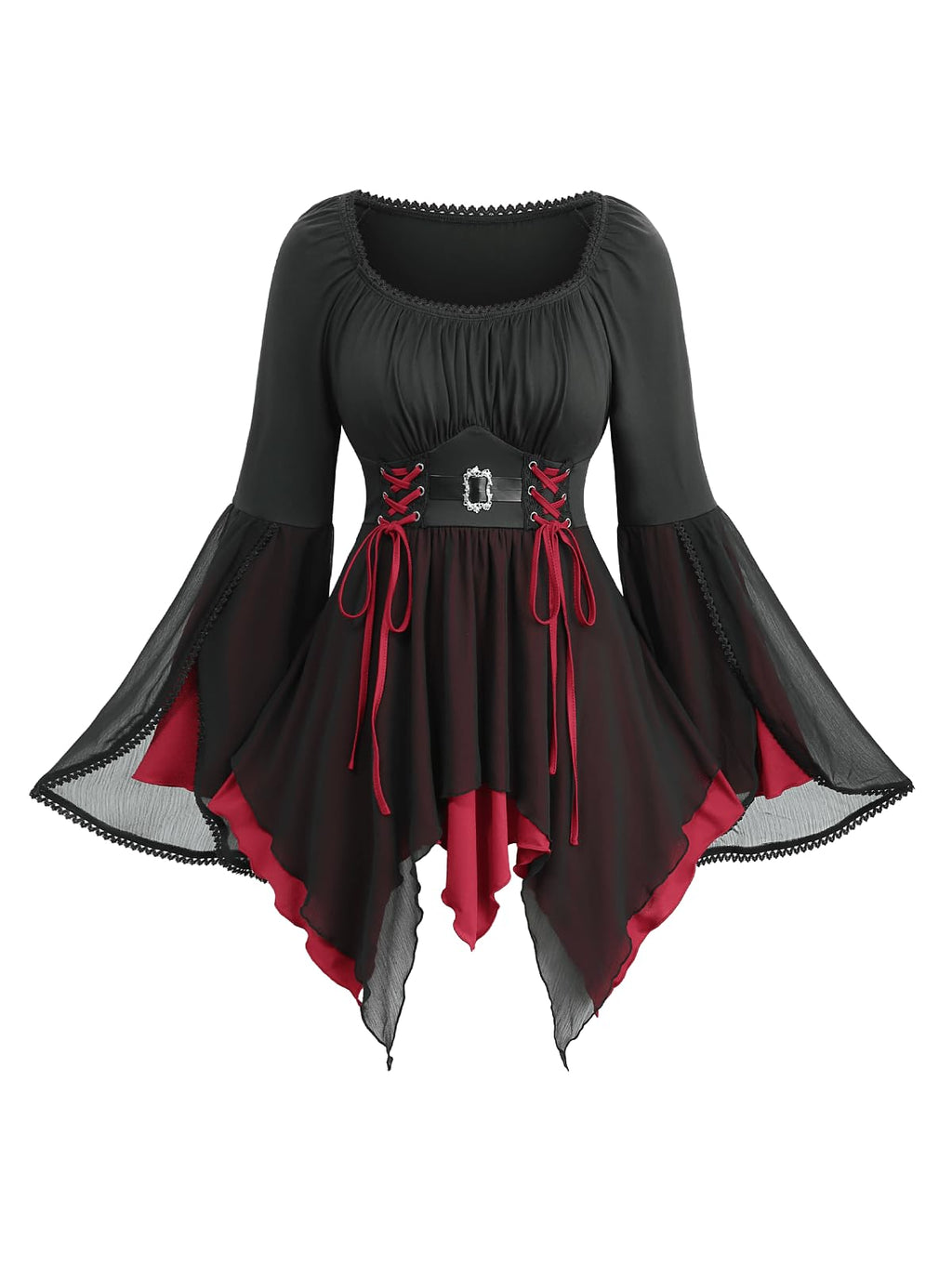 ROSE GAL Plus Size Women Gothic Halloween Costume Two Tone Lace-up Layered Handkerchief Hem Bell Sleeve Goth Top(Black/2X)