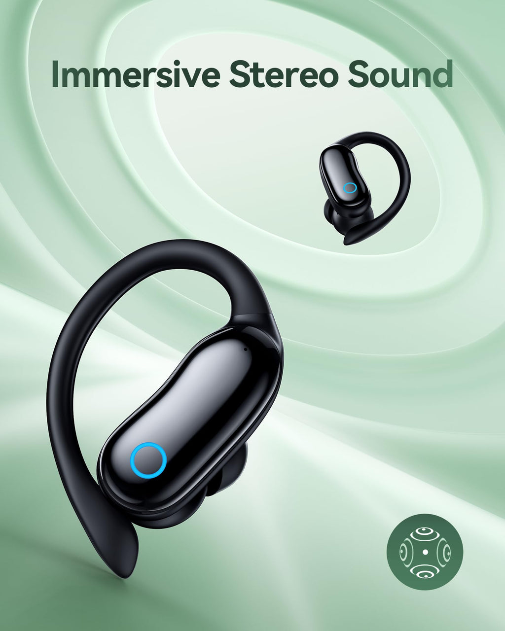 GNMN Active Noise Cancelling Ear Buds Wireless Earbuds 96hrs Playback Bluetooth Headphones Dual Battery Display Stereo Bass Earphones with Earhooks (Standard, Black)