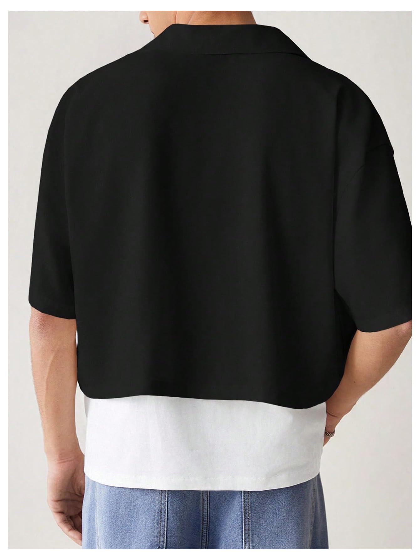 SHENHE Men's Summer Short Sleeve Button Down Crop Shirt Loose Fit Casual Shirt with Pockets Black Small