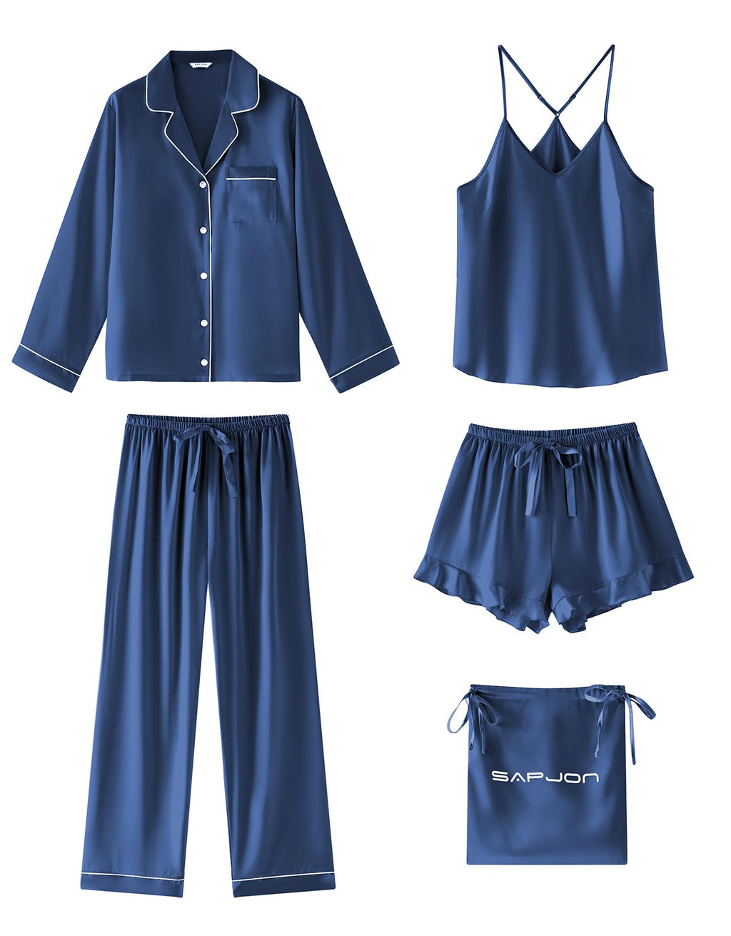SAPJON Satin Silk Pajamas for Women Set 5PCS Classic Button Down Pajamas Top and Pants Cami and Ruffle Shorts Sleepwear Navy
