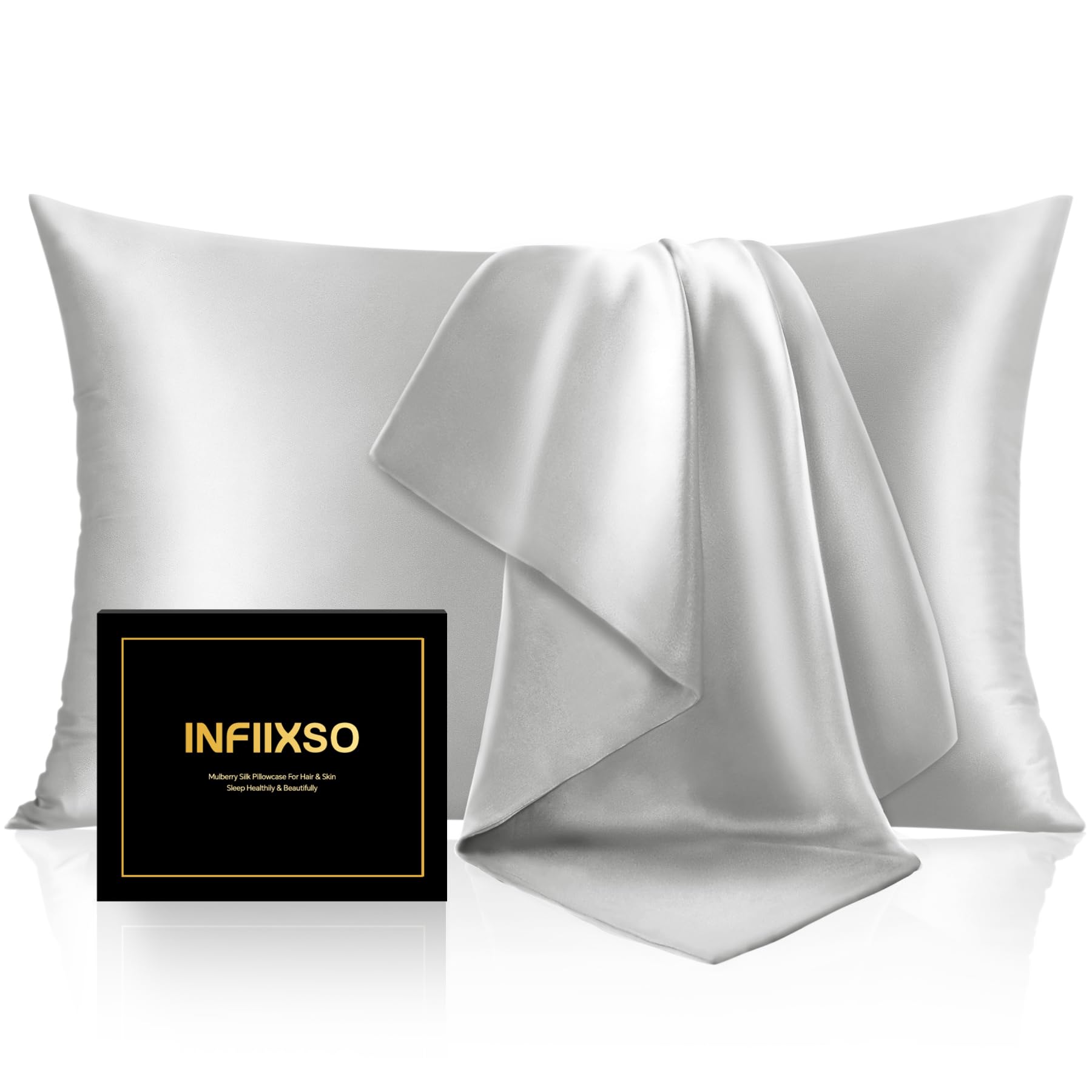 INFIIXSO Mulberry Silk Pillowcase for Hair and Skin, Silk Pillow Cases Standard Size with Hidden Zipper 20x26 Inches, Ultra Smooth and Soft Cooling Pillow Cases for Hot Sleepers(Light Grey, 1 Pack)