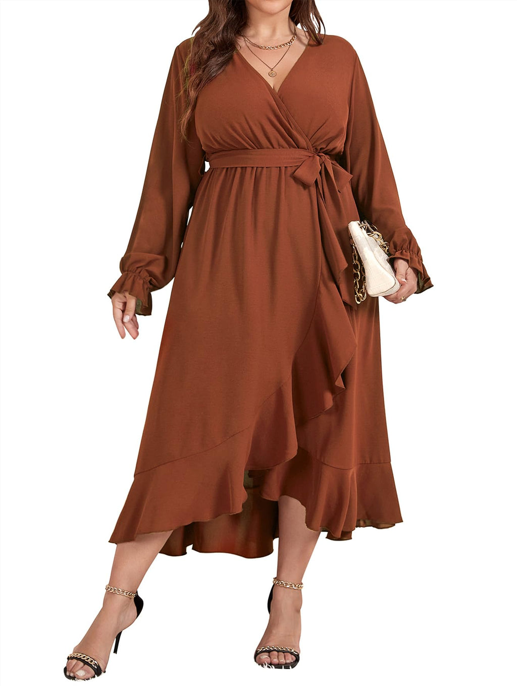 SCOMCHIC Women Plus Size Formal Dresses Fall Long Sleeve Faux Wrap V Neck High Low Ruffle Cocktail Wedding Guest Maxi Dress Rust