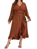 SCOMCHIC Women Plus Size Formal Dresses Fall Long Sleeve Faux Wrap V Neck High Low Ruffle Cocktail Wedding Guest Maxi Dress Rust