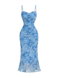 GORGLITTER Women's Floral Spring Summer Wedding Guest Dress Bridal Shower Cocktail Tea Party Beach Midi Sun Dress 2026 Blue Floral Print Small