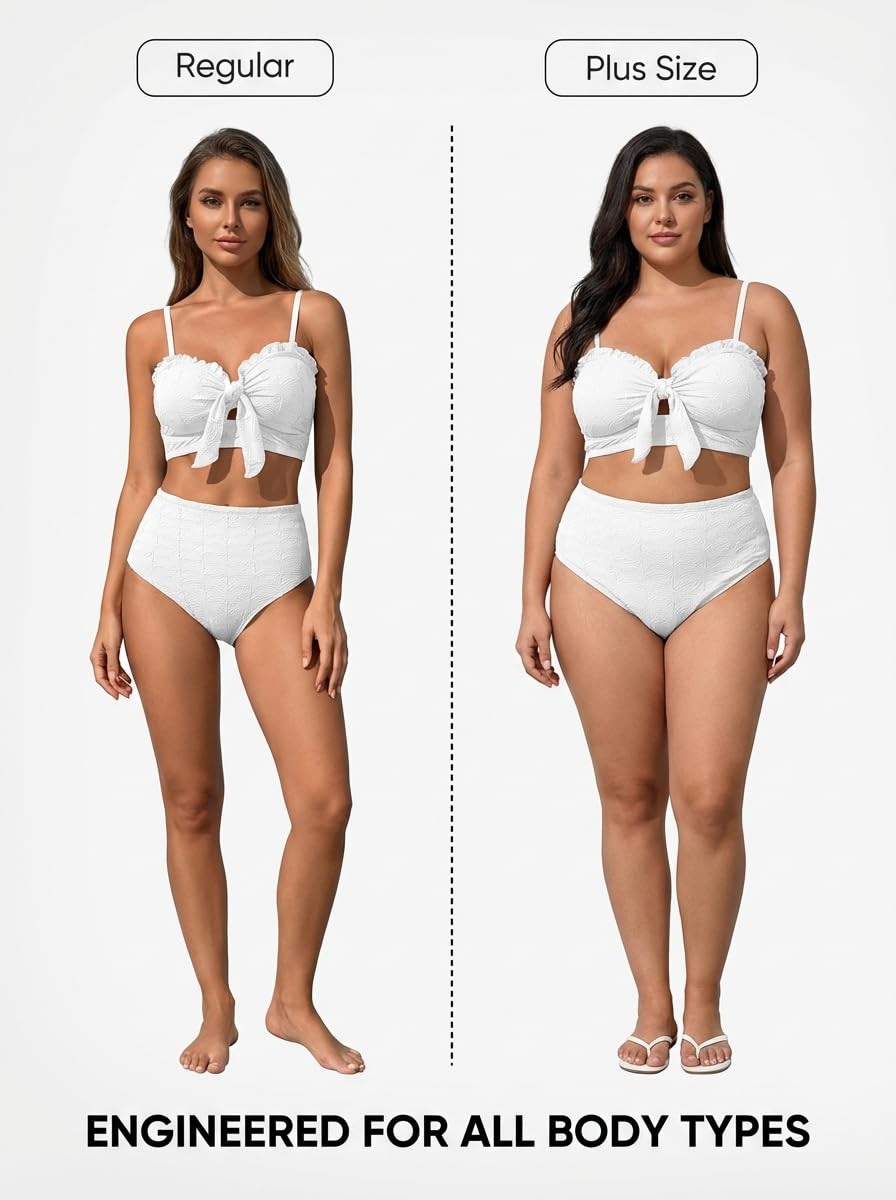 Herseas Women's Seashell Textured White Bikini Sets Knotted Front 2 Piece Sweetheart Neck Swim Suits 2026 Summer Ruffle Trim Bathing Suits Casual Vacation Outfits Small