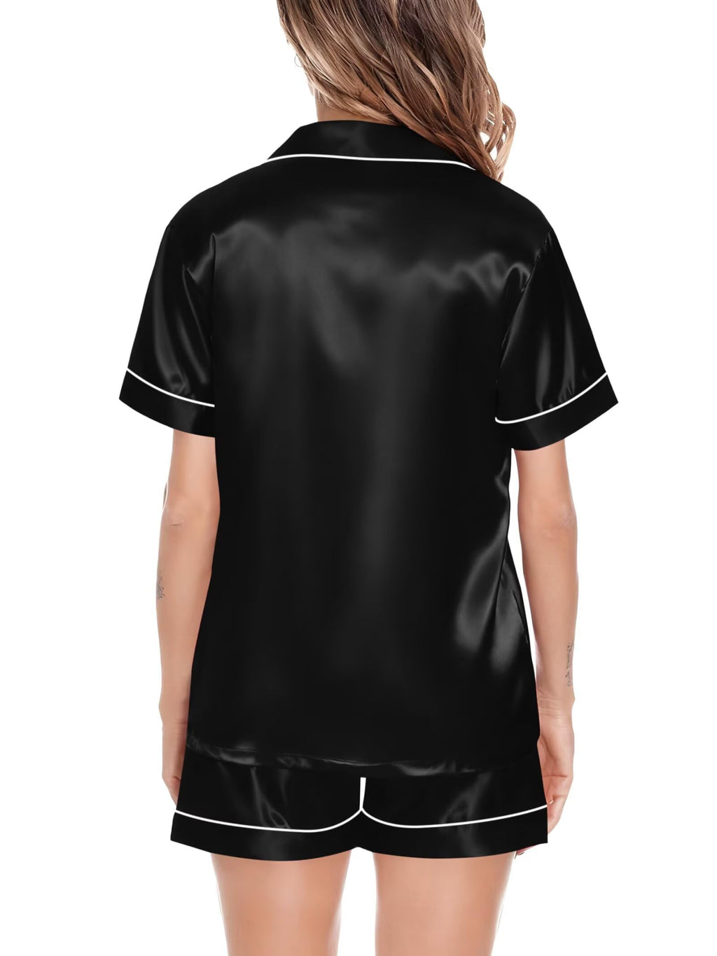 SWOMOG Satin Matching Pajamas Sets Couple Silk Button Down Nightwear Women & Men Short Sleeve Sleepwear 2 Pieces Loungewear Black