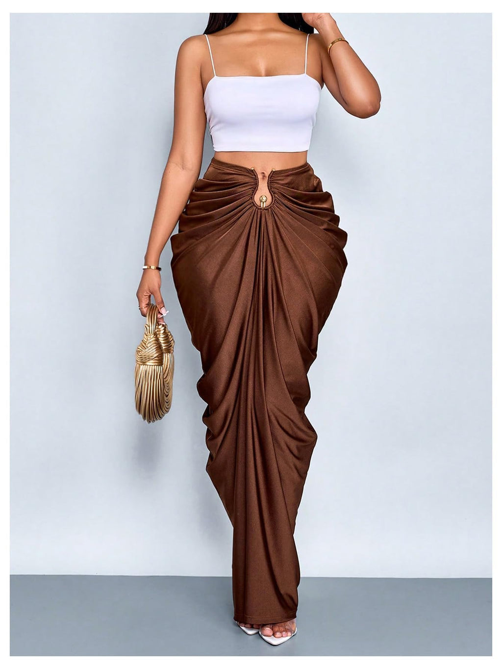 WDIRARA Women's Ruched Bodycon Maxi Skirt Cocktail Party High Waisted Long Fishtail Skirts Coffee Brown Large