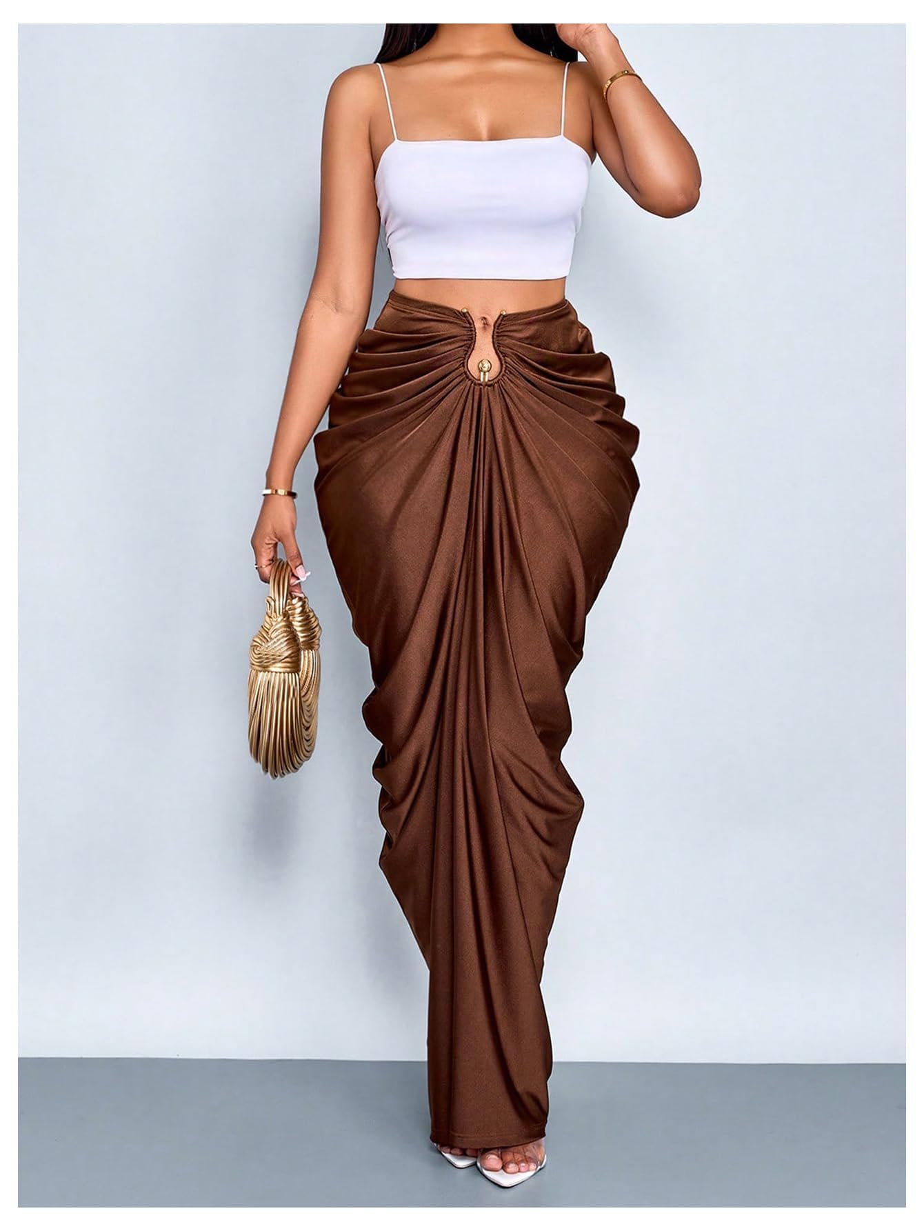 WDIRARA Women's Ruched Bodycon Maxi Skirt Cocktail Party High Waisted Long Fishtail Skirts Coffee Brown Large