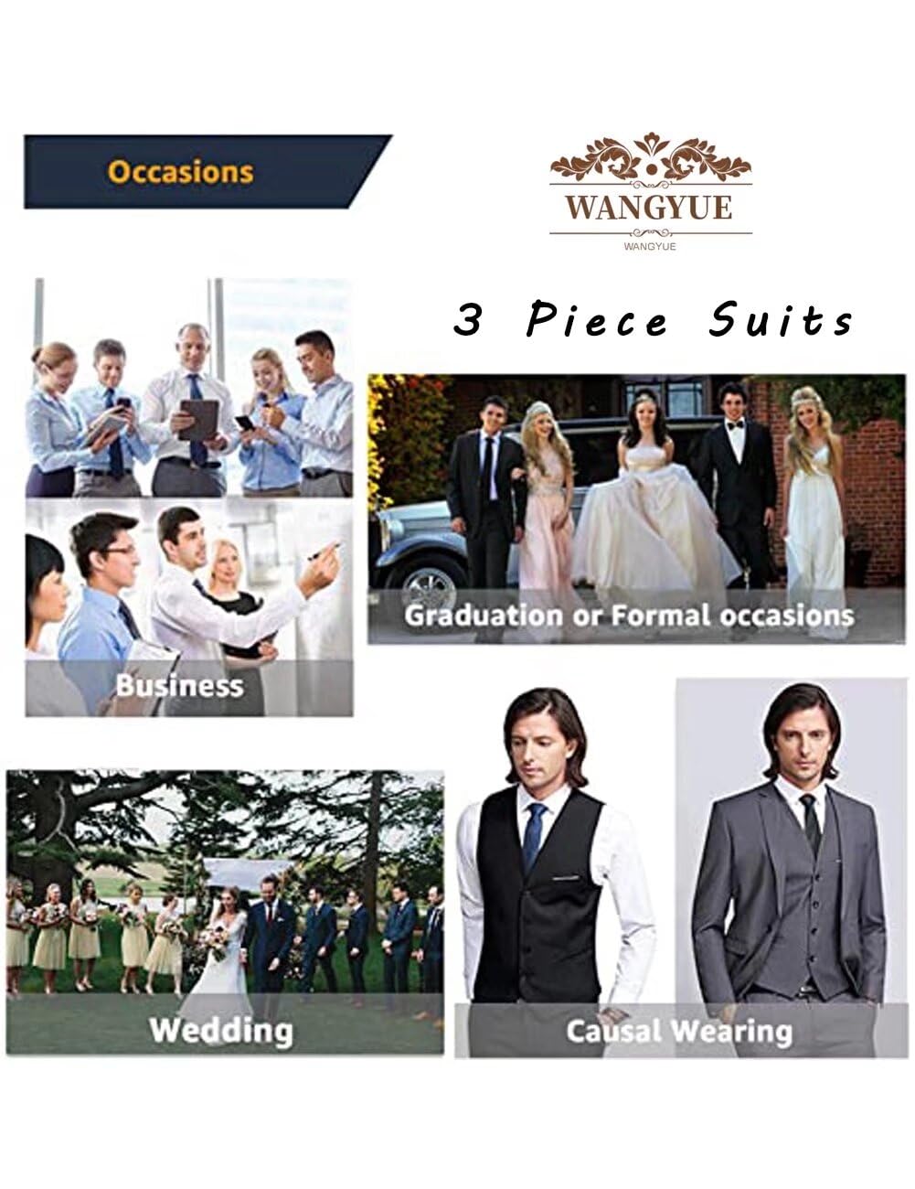 Wangyue 3 Piece Suit Slim Fit Double Breasted Mens Suits for Wedding Party Formal Prom One Button Blazer Vest Pants Sets Tailored Suits Large Tuxedo Business Hunt Green
