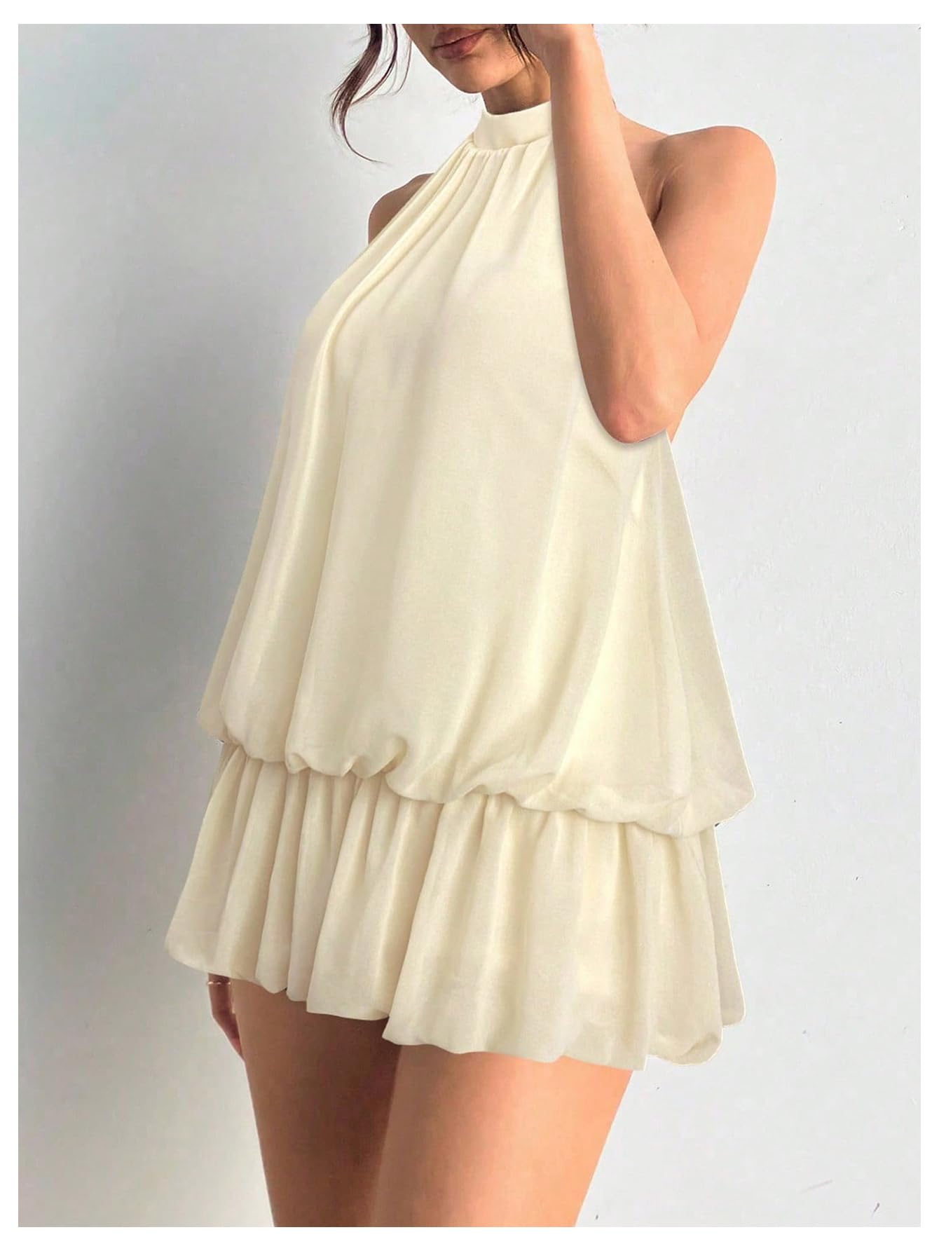Floerns Women's Y2k Summer Halter Dress Tie Open Back Sleeveless Ruffle Hem Bubble Going Out Mini Dresses Apricot XX-Small