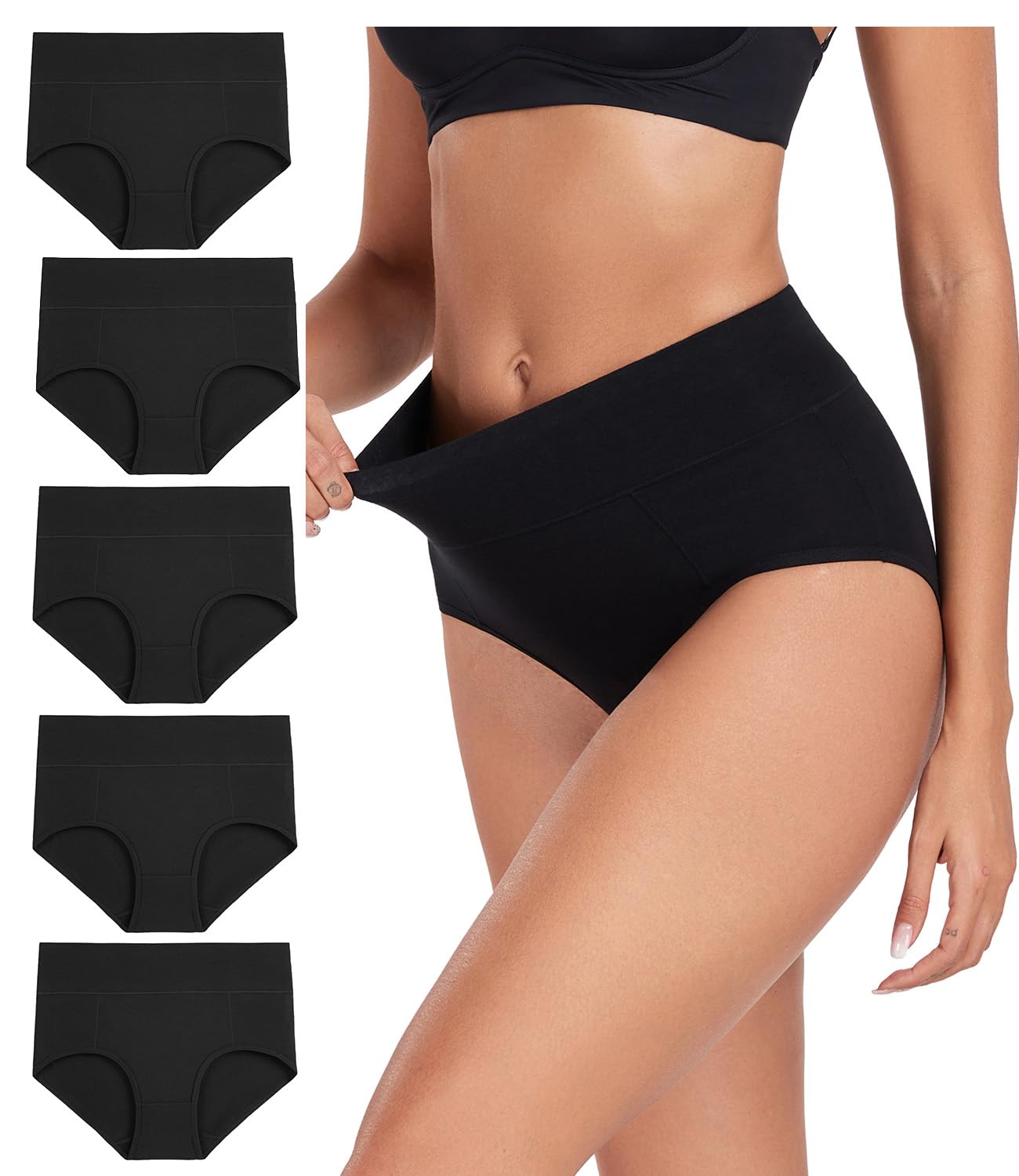 wirarpa Women's Cotton Underwear High Waist Stretch Briefs Soft Underpants Ladies Full Coverage Panties 5 Pack Dark Black X-Large