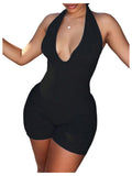 WDIRARA Women's Deep V Neck Sleeveless Halter Romper Lace Up Backless Skinny Knit Sexy Tank Jumpsuit Shorts Black Solid Medium
