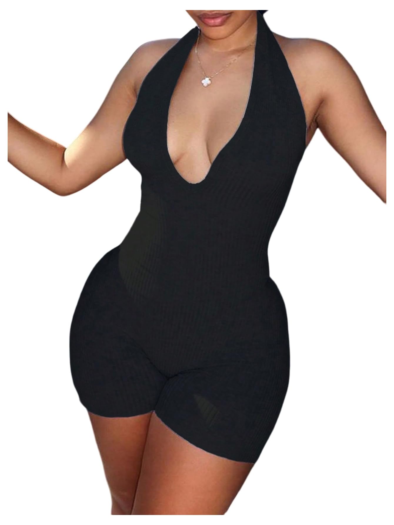 WDIRARA Women's Deep V Neck Sleeveless Halter Romper Lace Up Backless Skinny Knit Sexy Tank Jumpsuit Shorts Black Solid Medium