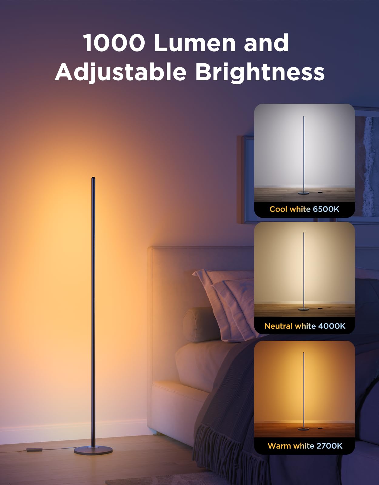 Govee RGBIC Floor Lamp Basic, LED Corner Lamp Compatible with SmartThings, Alexa, and Matter, Smart Modern Floor Lamp with Music Sync and 16 Million DIY Colors, Standing Lamp for Bedroom Living Room