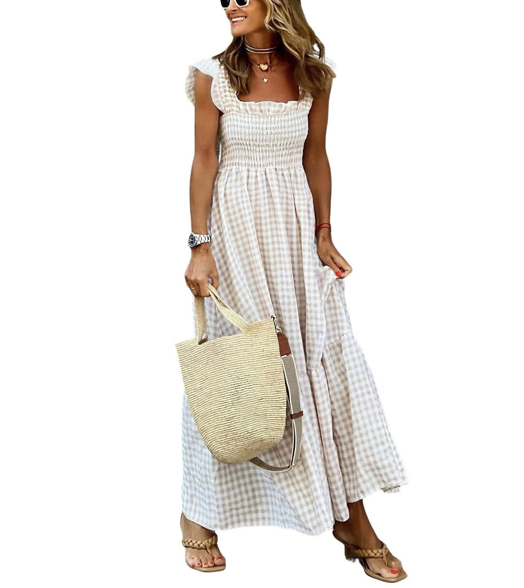 chouyatou Women's Retro Plaid Smocked Dress Spaghetti Strap Flounce Long Dress (Small, Khaki)