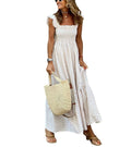 chouyatou Women's Retro Plaid Smocked Dress Spaghetti Strap Flounce Long Dress (Small, Khaki)