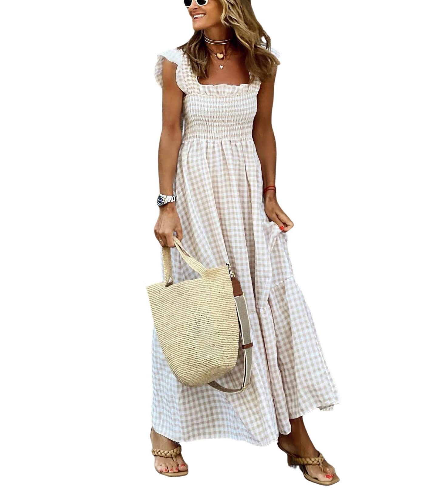 chouyatou Women's Retro Plaid Smocked Dress Spaghetti Strap Flounce Long Dress (Small, Khaki)