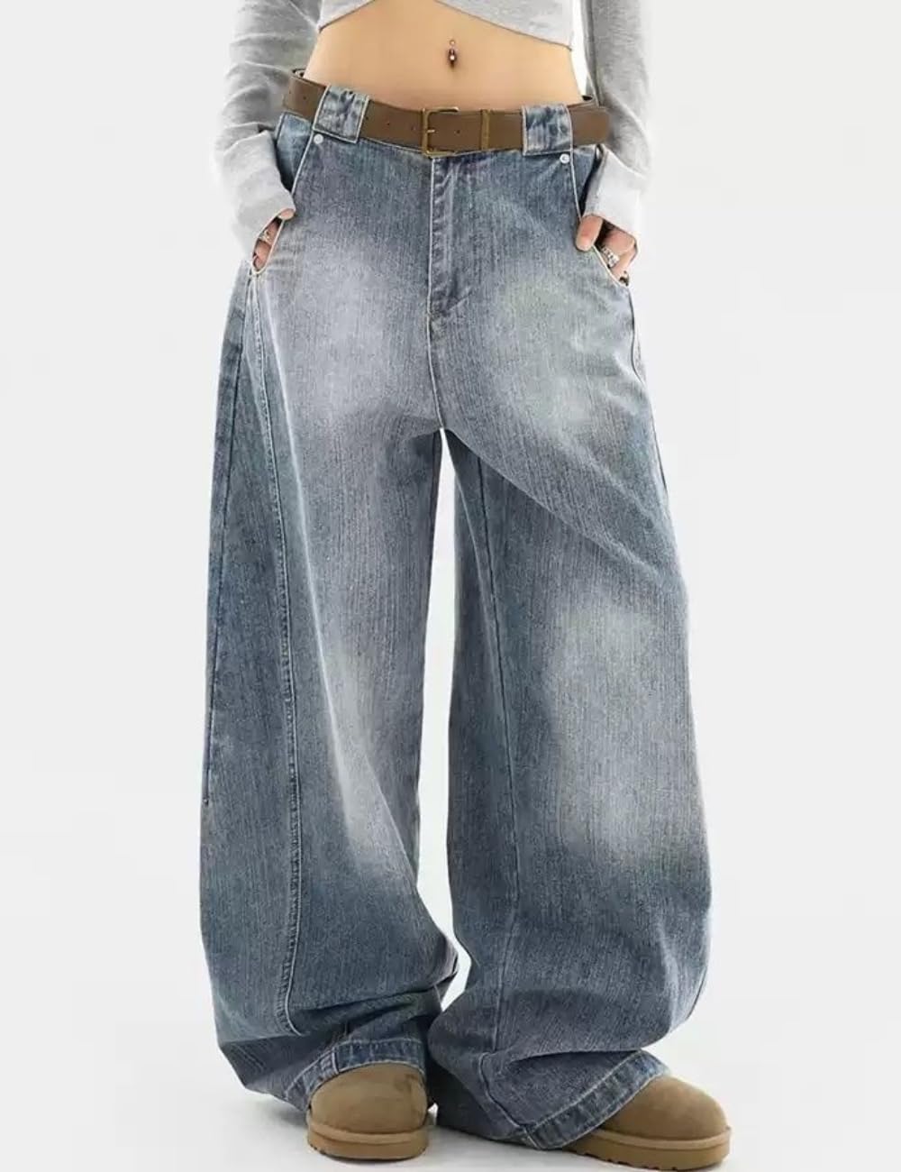 OTEEGX Barrel Baggy Jeans for Women Men Wide Leg Low Rise Jeans Loose Oversized Boyfriend Pants Aesthetic Clothes Blue1-L