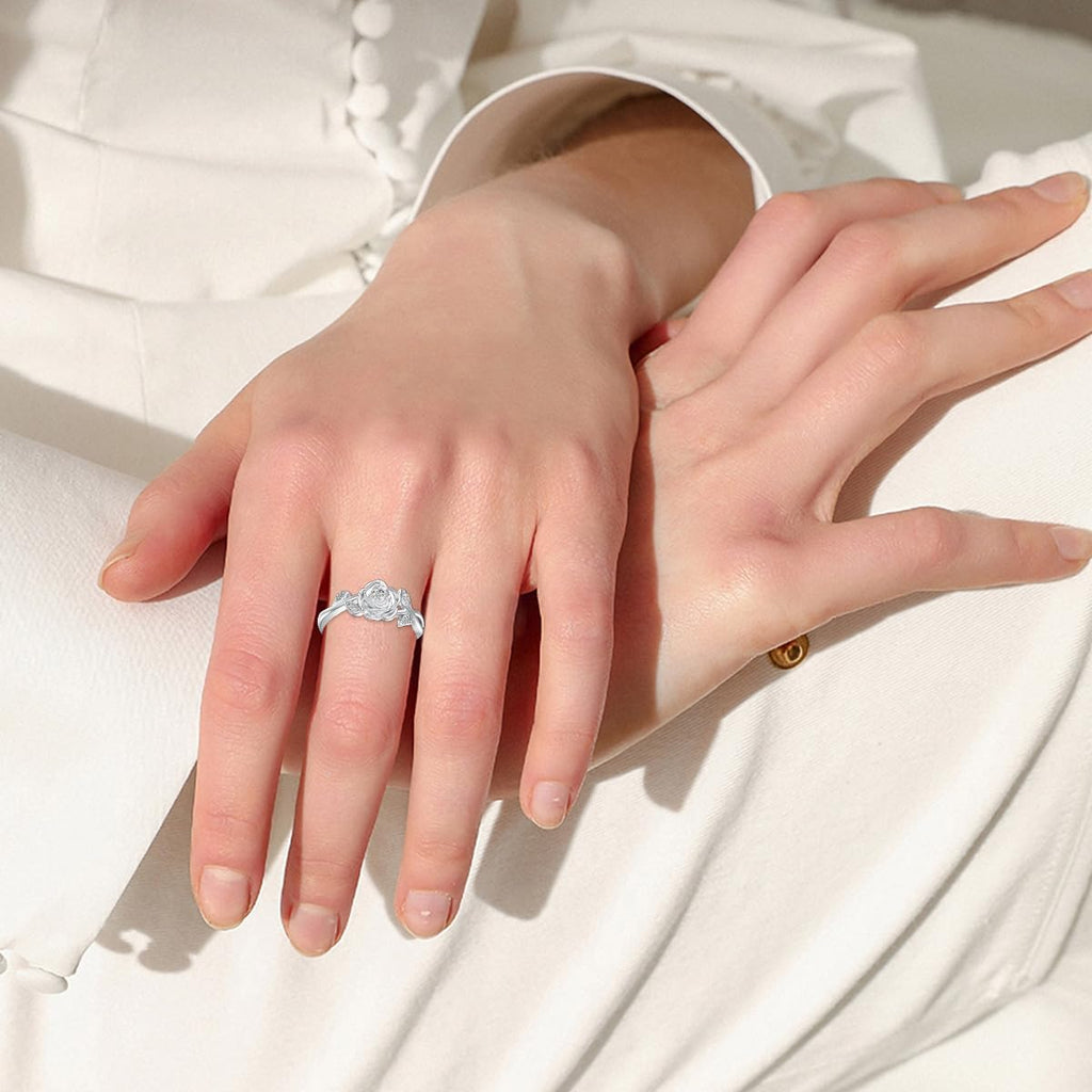 LWXIE Diamond Rose Open Ring for Women 925 Sterling Silver Rose Flower Adjustable Finger Rings Jewelry Birthday Anniversary Christmas Gifts for Mom Wife Lover Girlfriend Her
