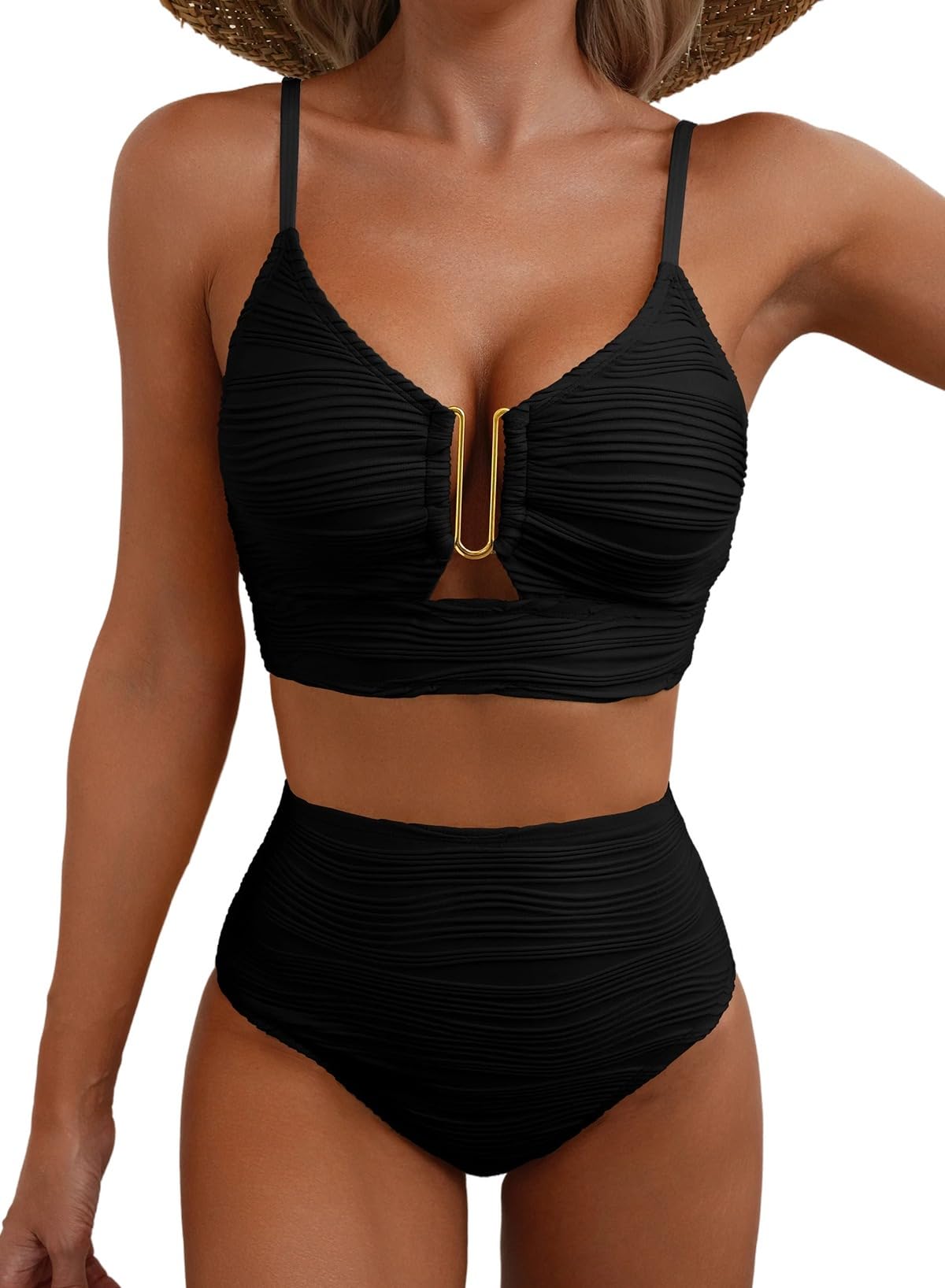 Herseas Women's Two Piece Flattering Swim Suits Adjustable Spaghetti Straps High Waisted Bikini Sets 2026 Summer Beach Cutout Bathing Suit Trendy Vacation Outfits Black X-Large