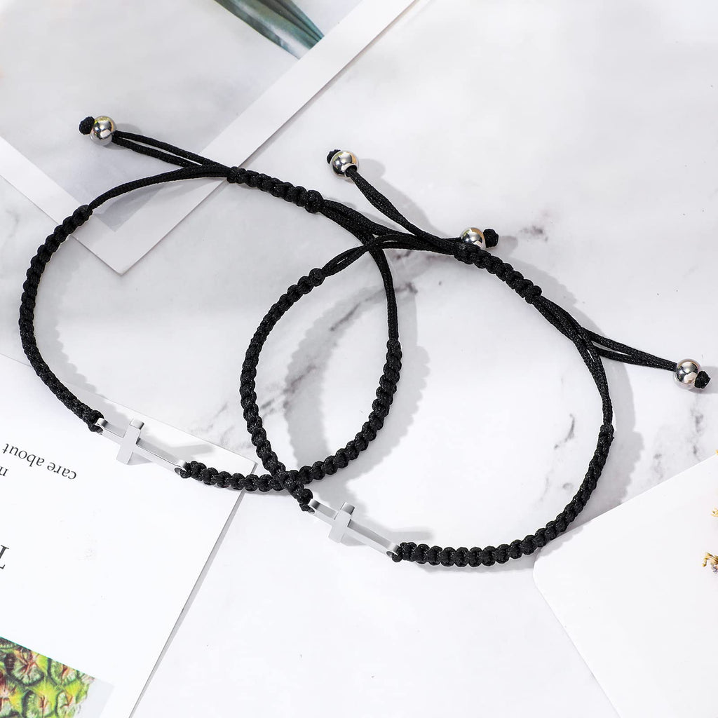 Sureio Cross Friendship Bracelet Adjustable Braided Rope Jesus Christian Cross Bracelets Matching Couple String Lucky Strand BFF Wristband for Women Men Boy Girls Easter Baptism (Black)
