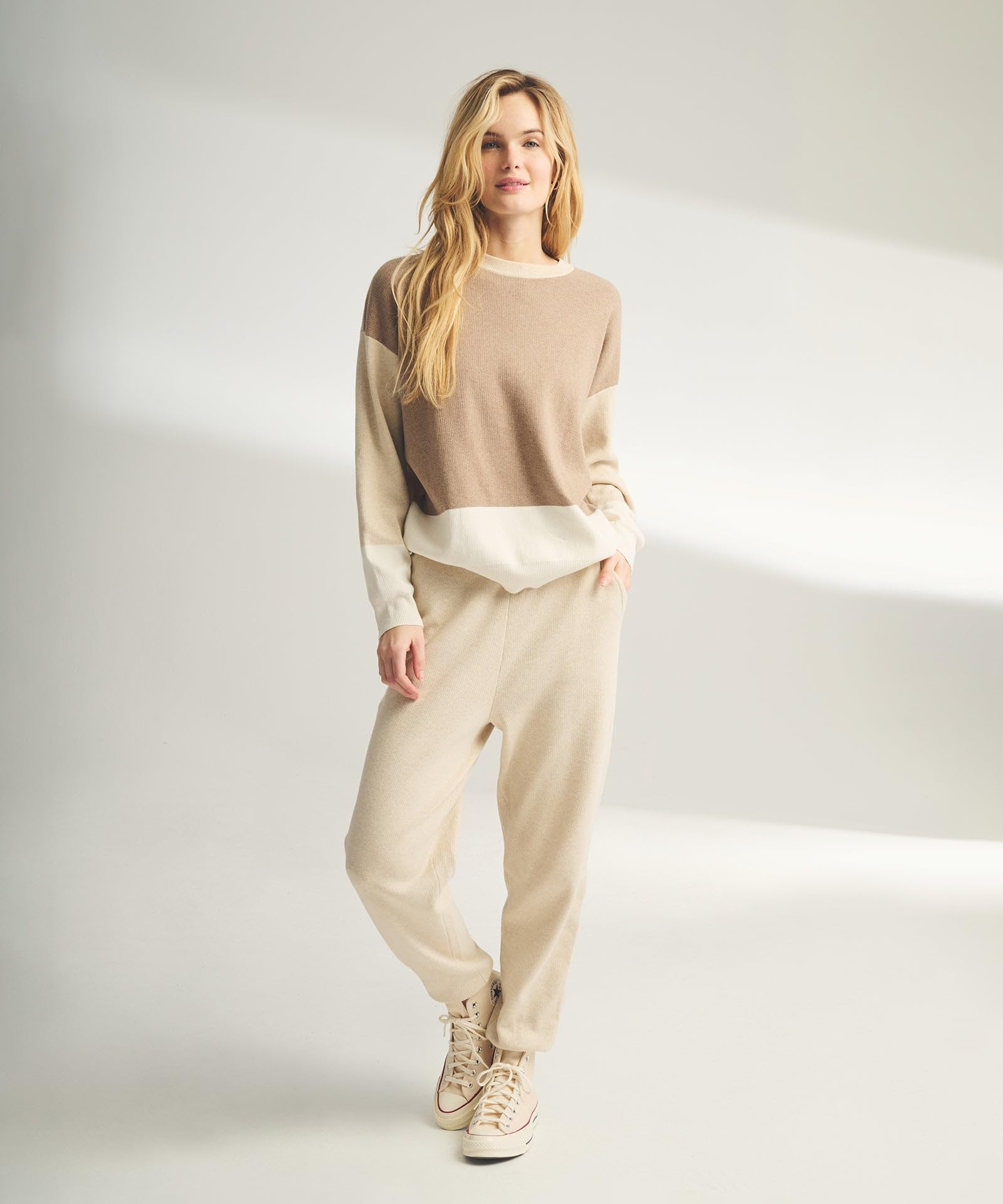 NAADAM Women Cafe Cotton Cashmere Colorblock Sweatshirt, Oatmeal Combo,Medium
