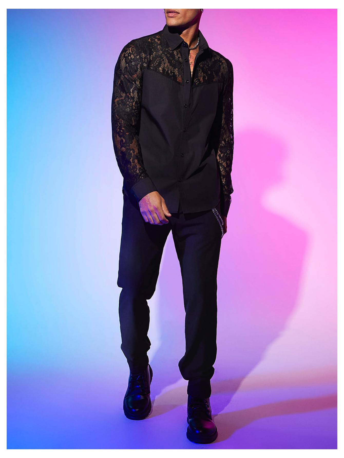 WDIRARA Men's Floral Lace Button Down Shirt See Through Long Sleeve Collared Top Sexy Clubwear Black X-Large