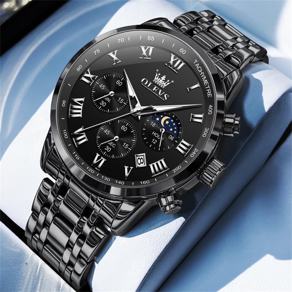 OLEVS Watch Men Luxury Black Watches for Men Dress Luminous Waterproof Analog Quartz Mens Watches with Date Fashion Stainless Steel Large Face Chronograph Moon Phase Classic Wrist Watch for Man