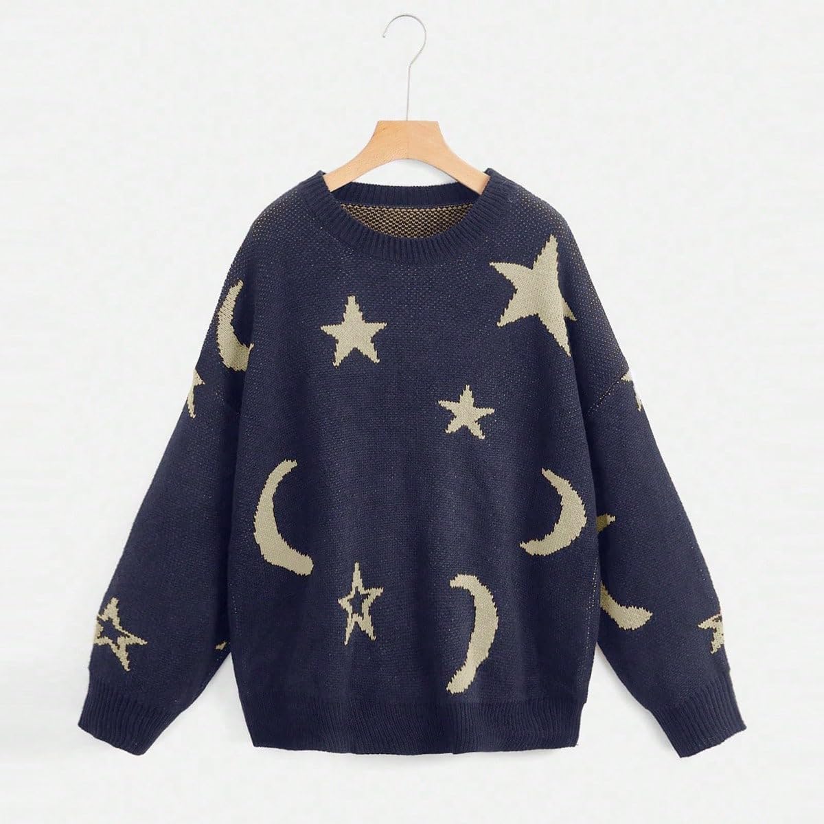 WDIRARA Women's Star Moon Print Long Sleeve Sweater Round Neck Knitted Pullovers Top Deep Blue X-Large