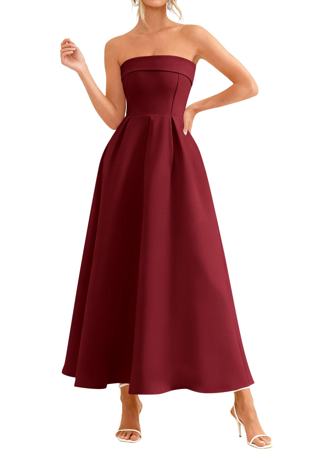 PRETTYGARDEN Cocktail Dresses for Women 2026 Summer Formal Elegant Tube Top Strapless Spring Wedding Guest Party Midi Dress(Burgundy,Medium)