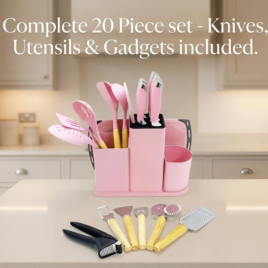 DANFFI 20-Piece Pink Kitchen Utensil Set – Silicone Cooking Tools with Wooden Handles, Knife & Scissor Set, Cutting Board, Grater & More – Non-Stick, BPA-Free Kitchen Gift Set