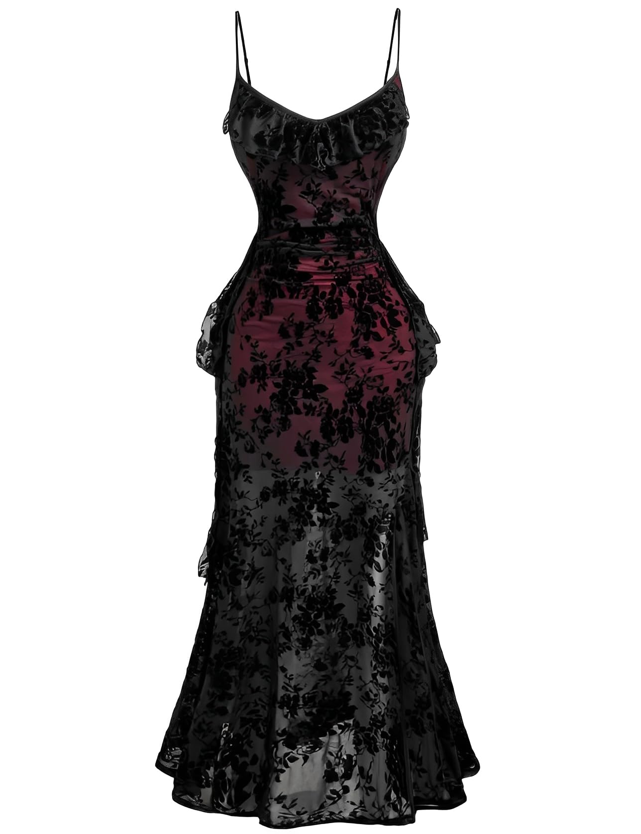 LANSHULAN Red & Black Velvet Slit Fitted Midi Goth Dress,Gothic Vintage Renaissance Halloween Dress