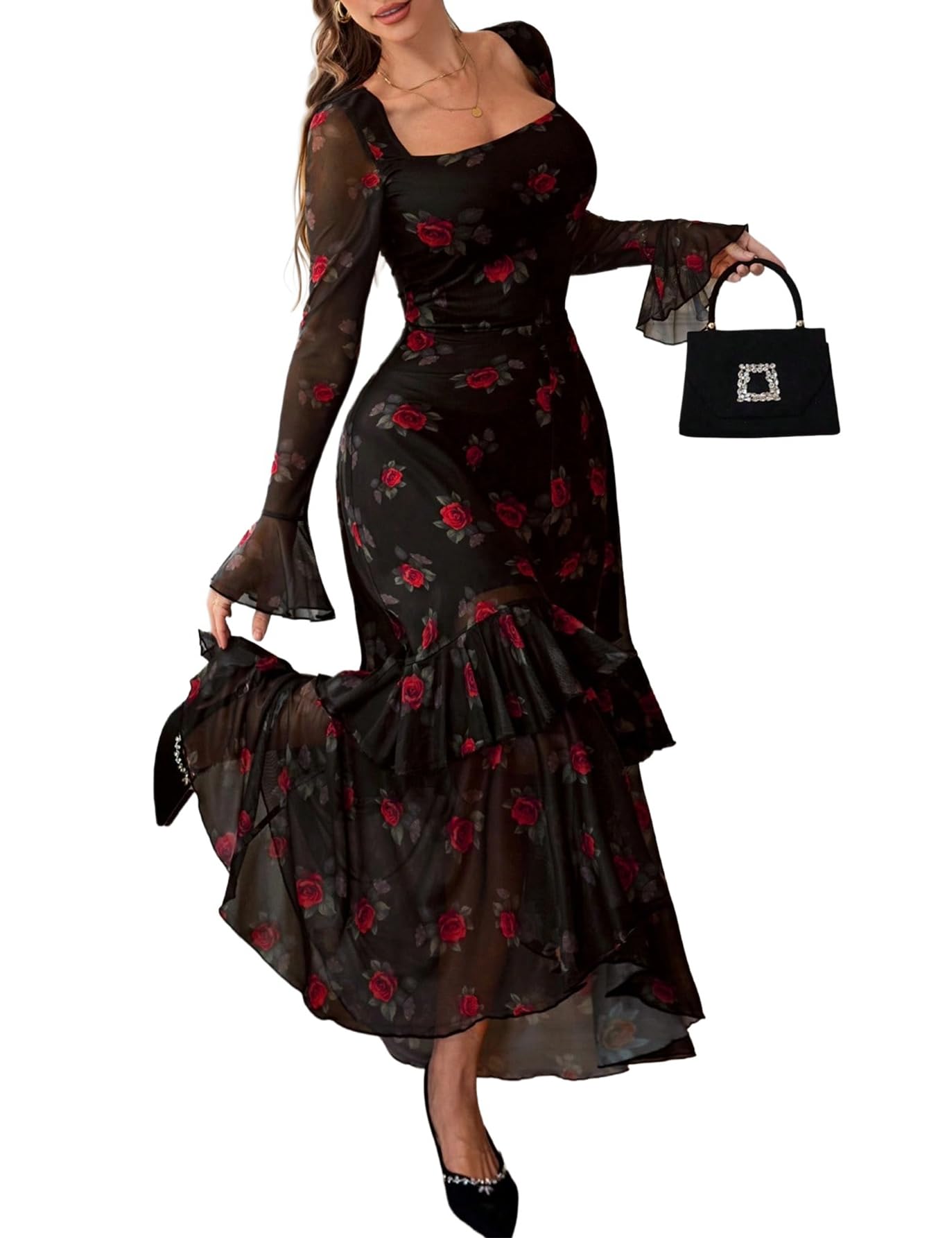 GothDark Women's Floral Mesh Dress Elegant Long Sleeve Square Neck Double Layer Ruffle Hem Casual Wedding Guest Maxi Dresses