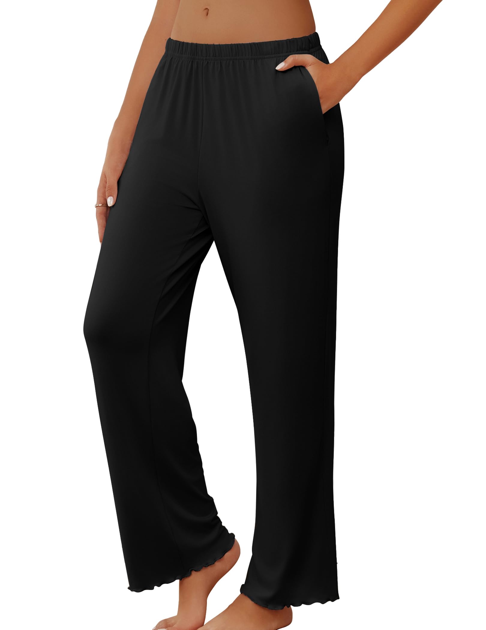 Ekouaer Pajama Pants Women Soft Casual Lounge Pajama Bottoms Comfy Stretch Sleep Pants Wide Leg Pj Bottoms with Pockets,Black,M