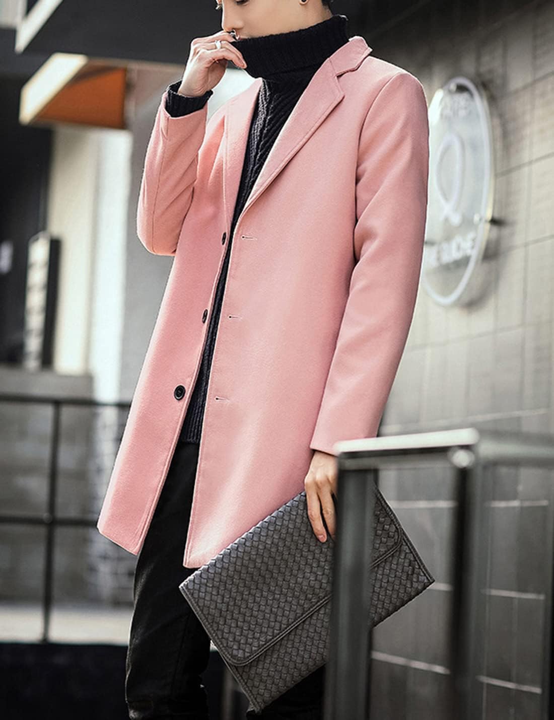 Springrain Men's Wool Blend Pea Coat Notched Collar Single Breasted Overcoat Warm Winter Trench Coat(Pink-S)