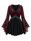 ROSE GAL Women Plus Size Gothic Moon Star Mesh Panel Bell Sleeves Chain Tassel T-Shirt Punk Gothic Flare Sleeves Top Costume Top(Deep Red_1/4X)
