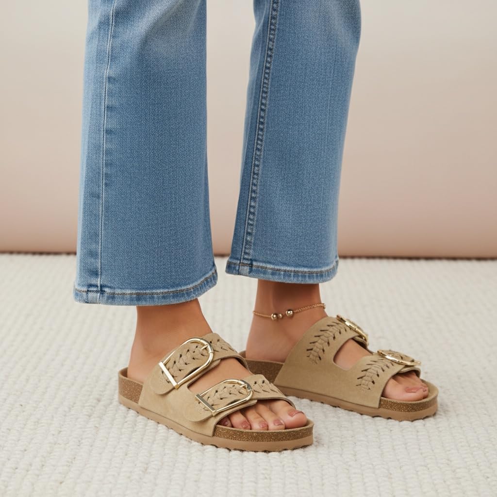 CUSHIONAIRE Cashew Slip On Womens Sandals, Genuine Suede Leather Braided Double Strap Slide On Sandals with Adjustable Big Buckle for Women 2026, Sand 8