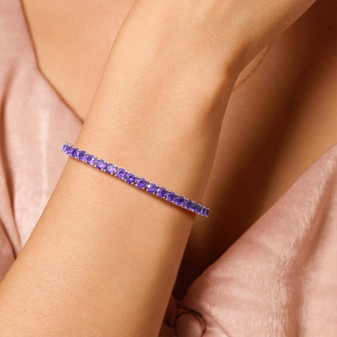 FANCIME Sterling Silver Tennis Bracelet Created Amethyst Tennis Bracelet February Birthstone Wedding Bridal Prom Fine Jewelry Gift For Women, Length 7.2 Inch Width 4mm