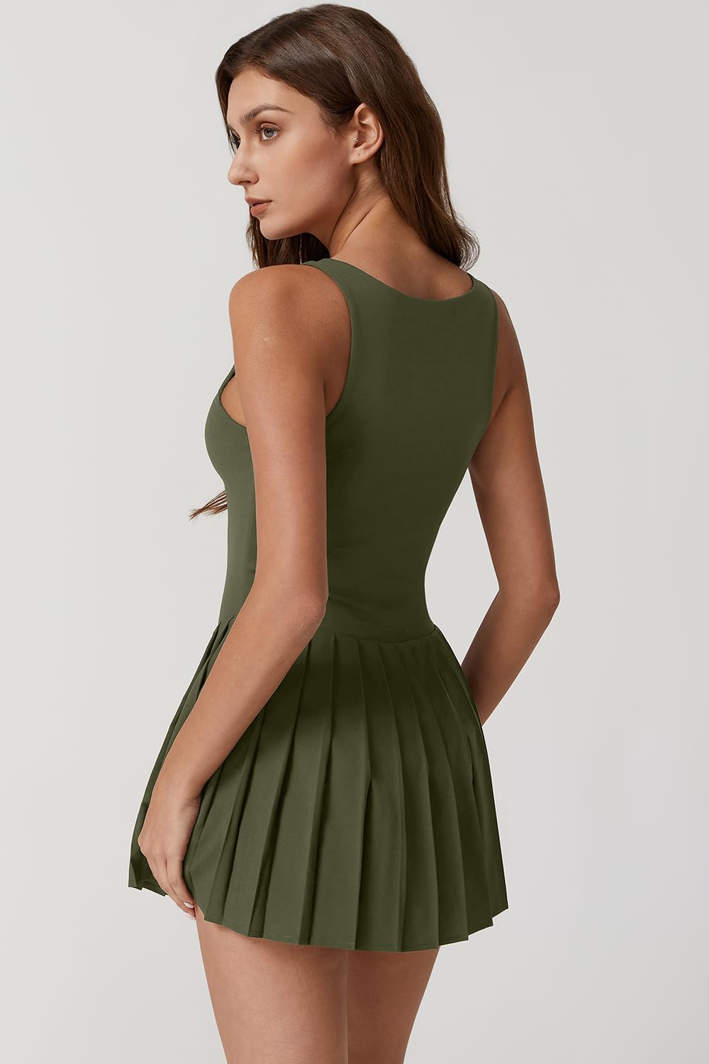 QINSEN Womens Pleated Tennis Summer Square Neck Workout Dress with Built-in Shorts Army Green S