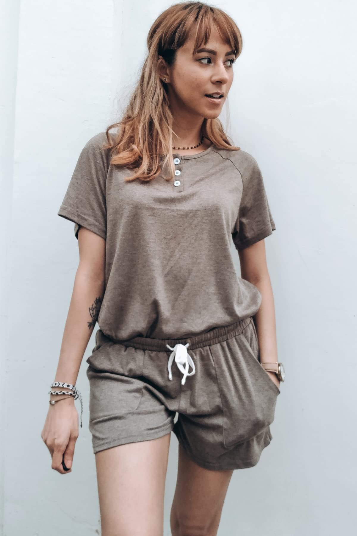 WIHOLL Womens Loungewear Set 2 Piece Outfits Tshirts Shorts for Summer Khaki L
