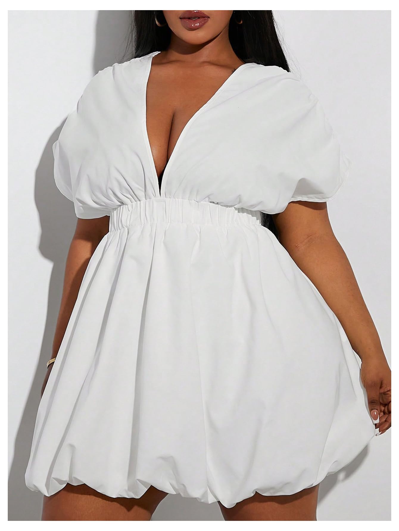 WDIRARA Women's Plus Size Deep V Neck Bubble Dress Short Sleeve A Line Mini Dresses White XX-Large Plus
