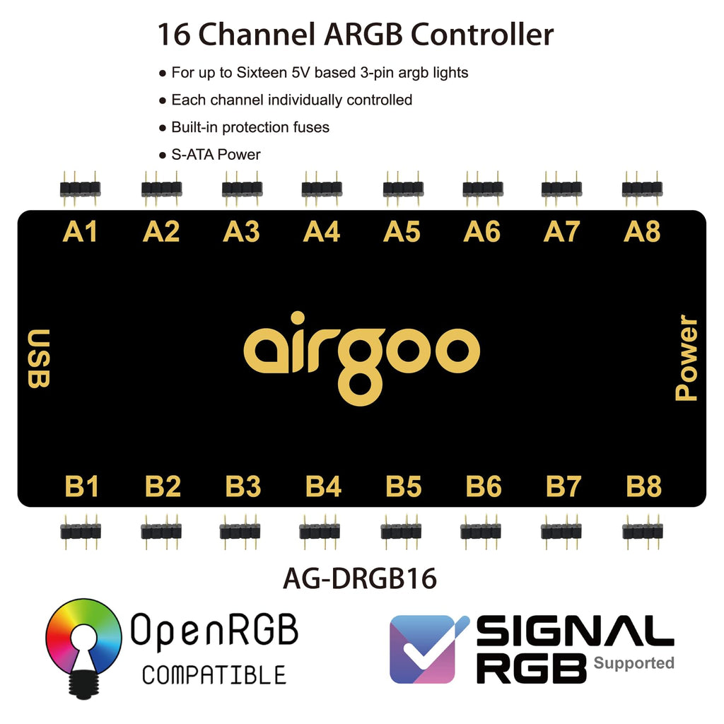 Airgoo Magnetic 16-Port Signal RGB Controller - SATA Powered ARGB Controller PC Lighting Hub, Compatible with SignalRGB & OpenRGB, AG-DRGB16