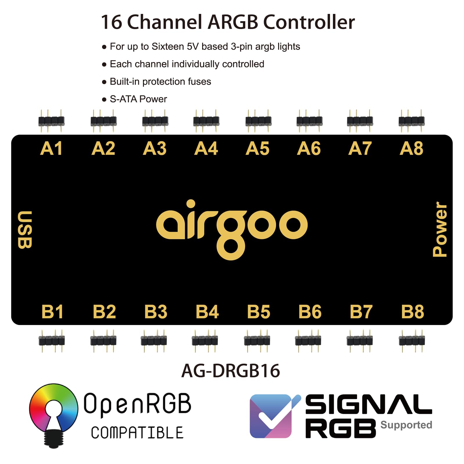 Airgoo Magnetic 16-Port Signal RGB Controller - SATA Powered ARGB Controller PC Lighting Hub, Compatible with SignalRGB & OpenRGB, AG-DRGB16