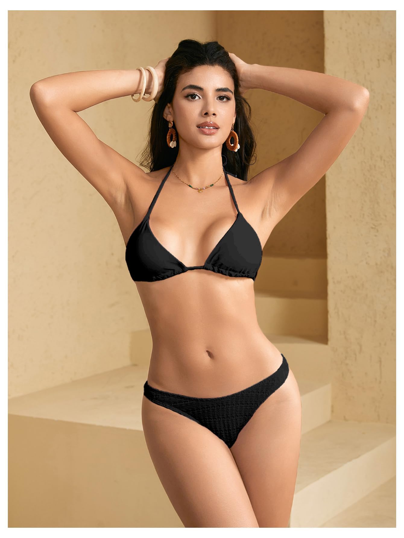 WDIRARA Women's Solid Triangle Bikini Top Sexy Halter String Micro Bathing Suits Tops Black Small