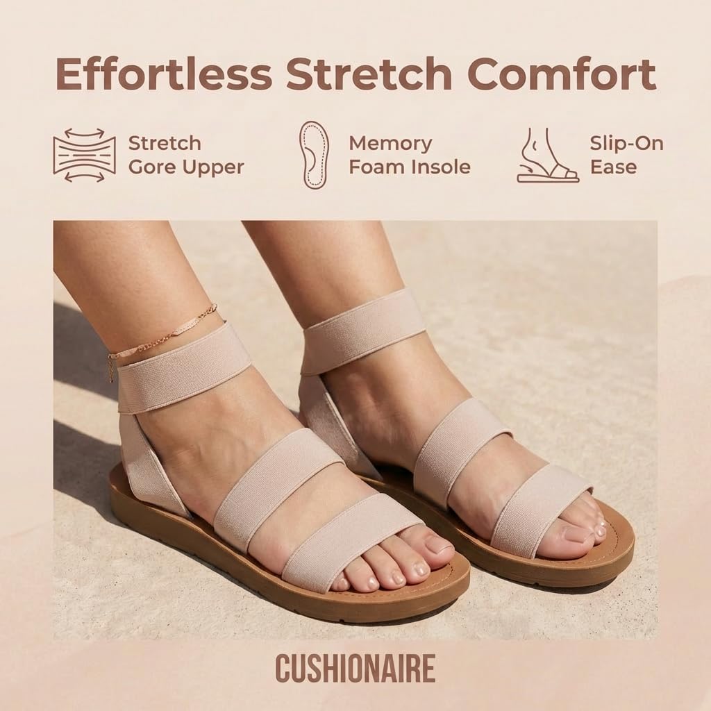 CUSHIONAIRE Indego Stretch Sandal – Lightweight Slip-On with Memory Foam & Soft Straps for All-Day Support | Casual or Dressy Summer Sandals for Women 2025, NUDE 6