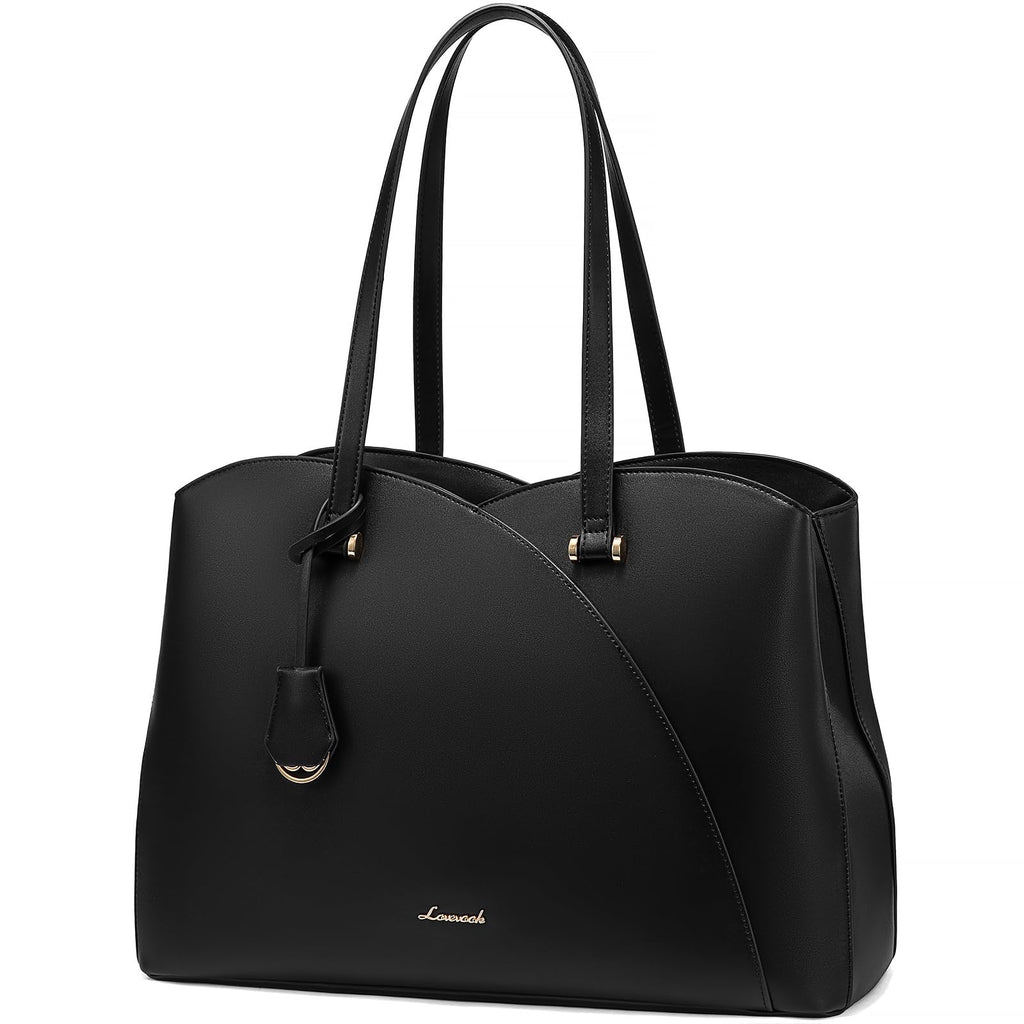 LOVEVOOK Laptop Tote Bag for Women, Work Bags Laptop Bag Teacher Tote Bag, Leather Computer Bag Large Purses Handbag Professional Briefcase, Black, Fits 15.6 Inch Laptop, Black