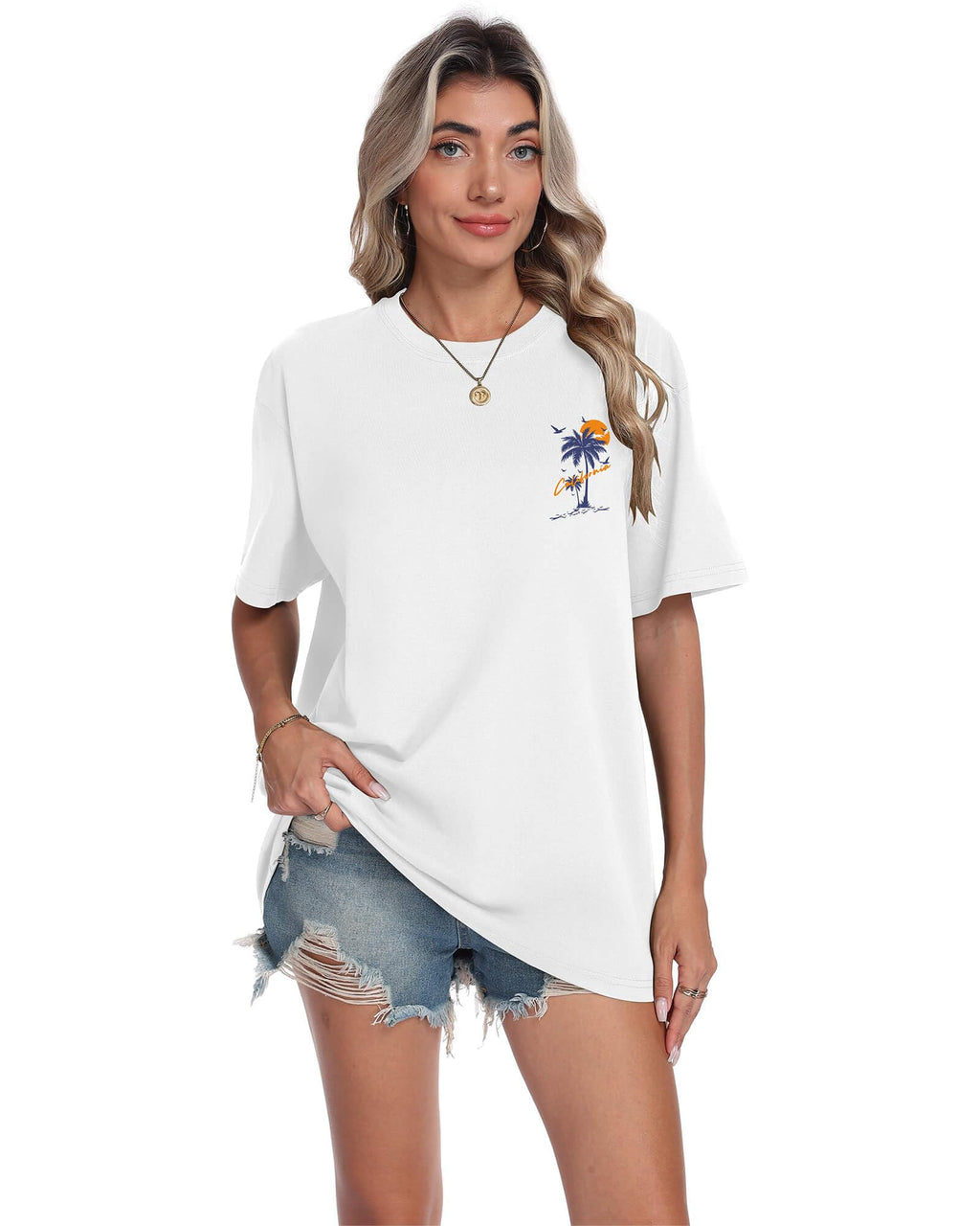 Mens Graphic T-Shirts Short Sleeve WEST Coast Palm Tree Print Summer Top 100% Cotton Casual California Tees for Men White