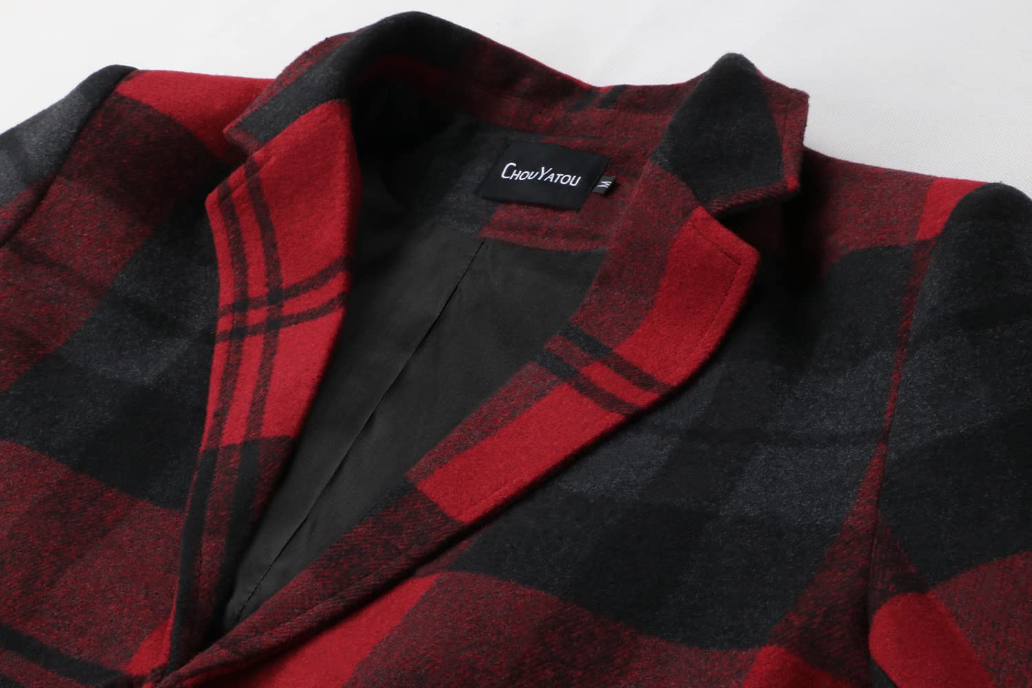 chouyatou Men's Casual Notched Collar Plaid Single Breasted Wool Blend Formal Trench Top Coat (Wine Red-Plaid, Large)